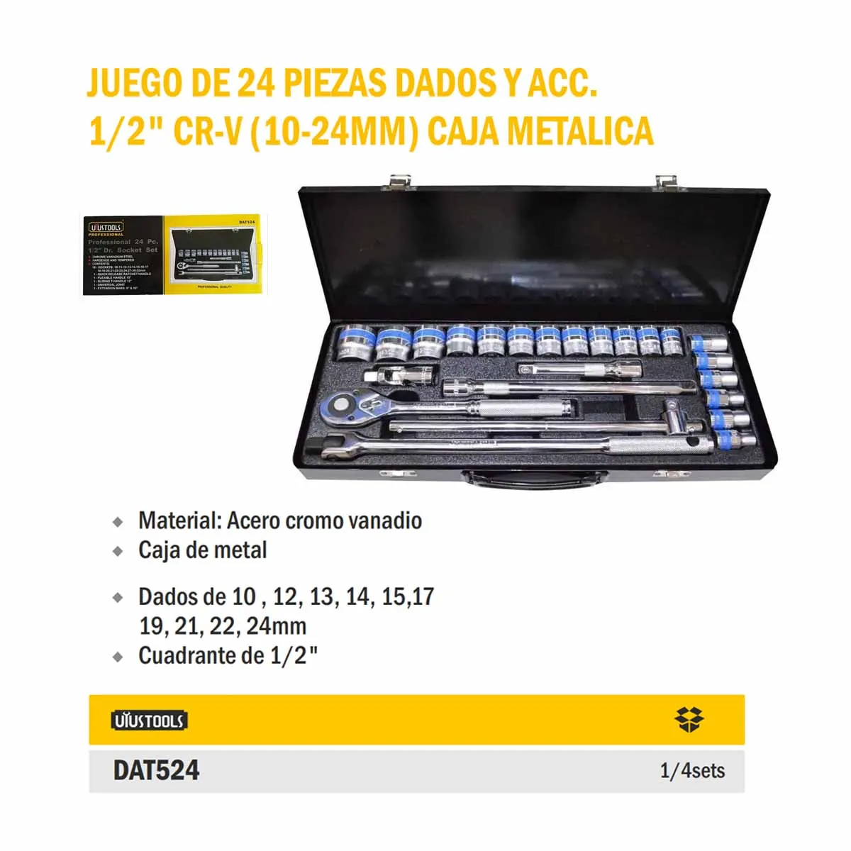 MALETA METALICA DADOS UYUST PRO 1/2" de 24 PZ