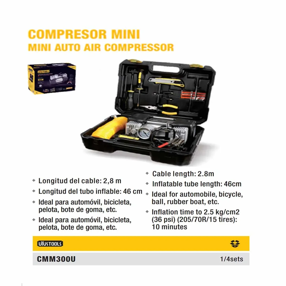 COMPRESOR MINI DOBLE PISTON UYUST 300W 150PSI 60L/MIN