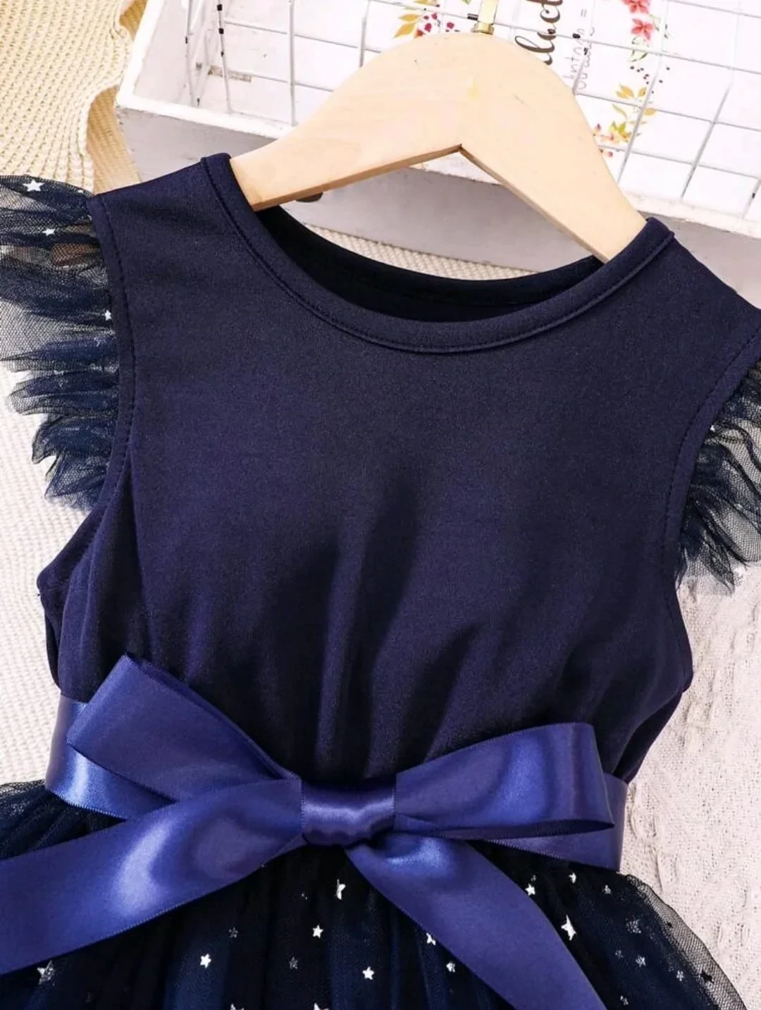 Vestido encantador de manga de hada en malla color azul marino 3