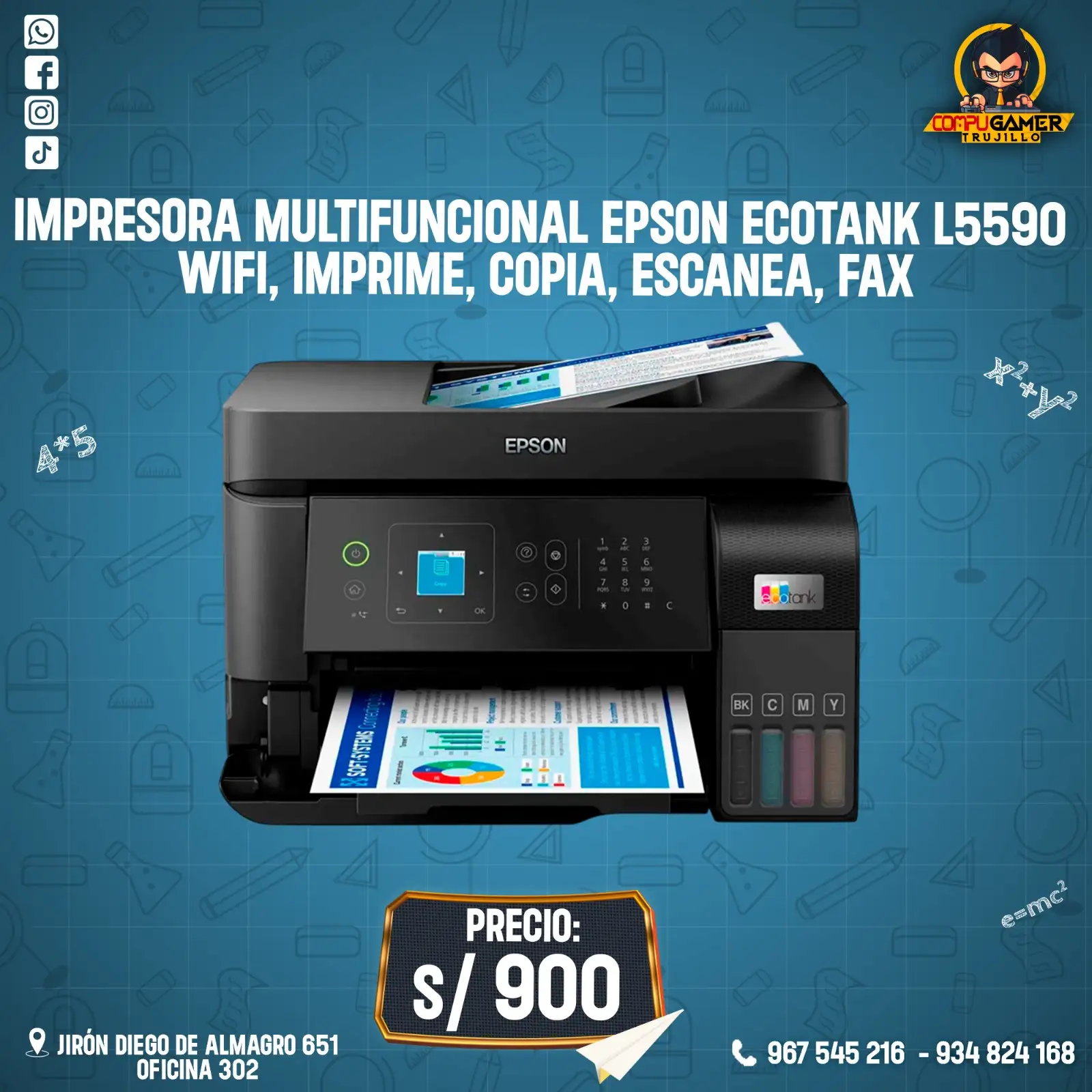 IMPRESORA MULTIFUNCIONAL EPSON ECOTANK L5590, WIFI, IMPRIME, COPIA, ESCANEA, FAX