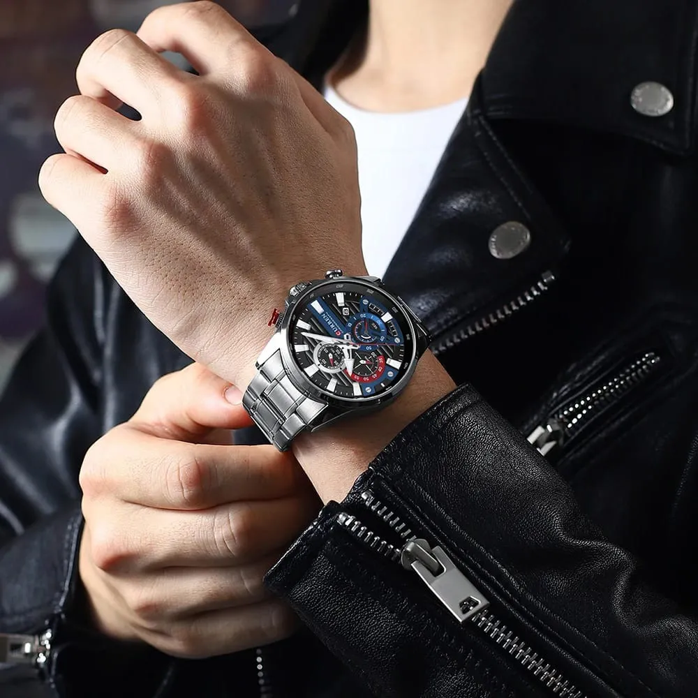 Reloj Curren Original Acero Cronografo 8415 Plateado Fondo Negro Azul Rojo 2
