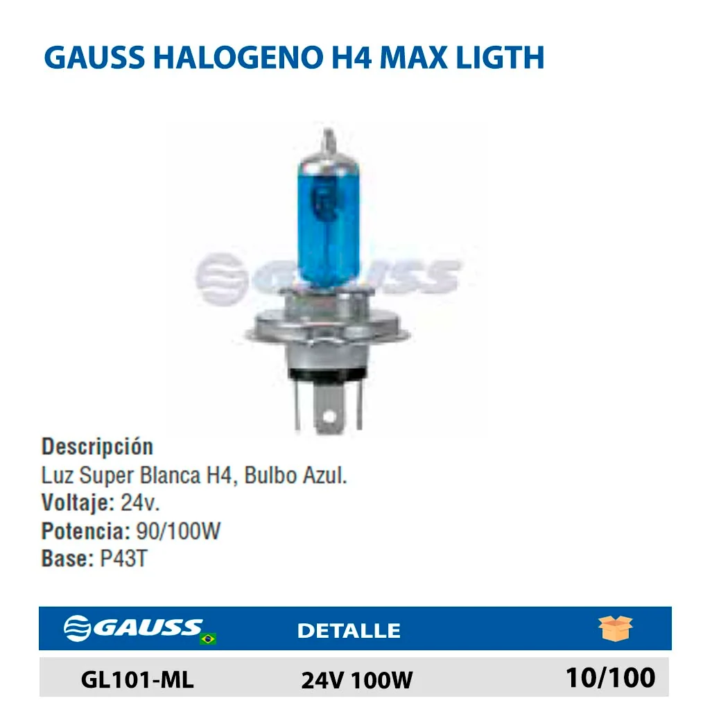 GAUSS HALOGENO H4 MAX LIGTH 24V 100W