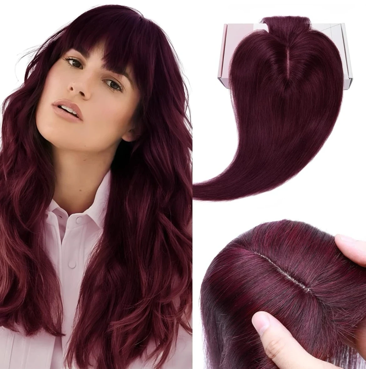 Toppers de cabello humano real para mujeres con cabello delgado, pequeños clips en piezas de cabello con flequillo para pérdida de cabello, 10  pulgadas, #99, borgoña