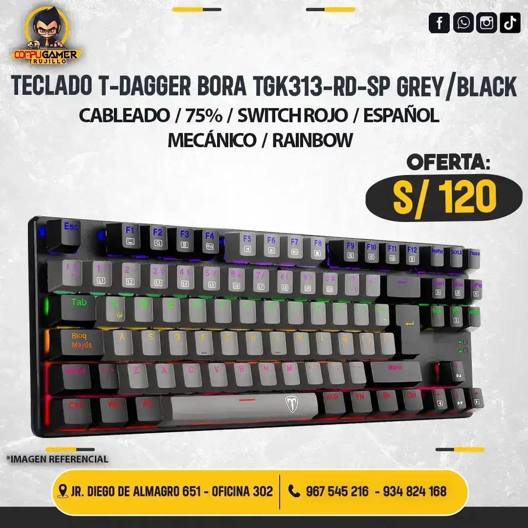 TECLADO MECÁNICO T-DAGGER BORA T-TGK313-GB-SP RAINBOW GREY/ BLACK 