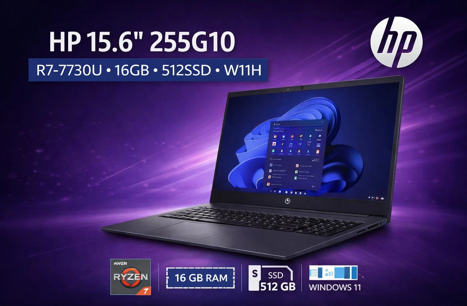 Notebook HP 255 G10, Pantalla 15.6” Procesador: AMD RYZEN 7 7730U 512gb SSD y 16GB RAM 