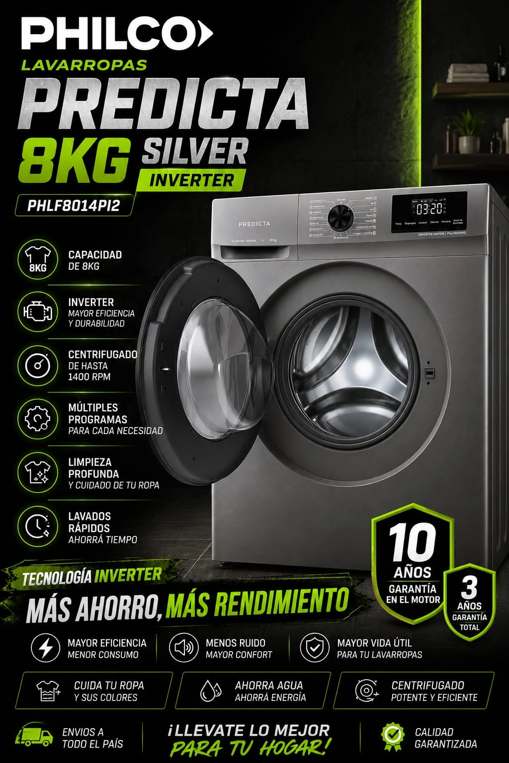 Lavarropas Philco 8KG Inverter