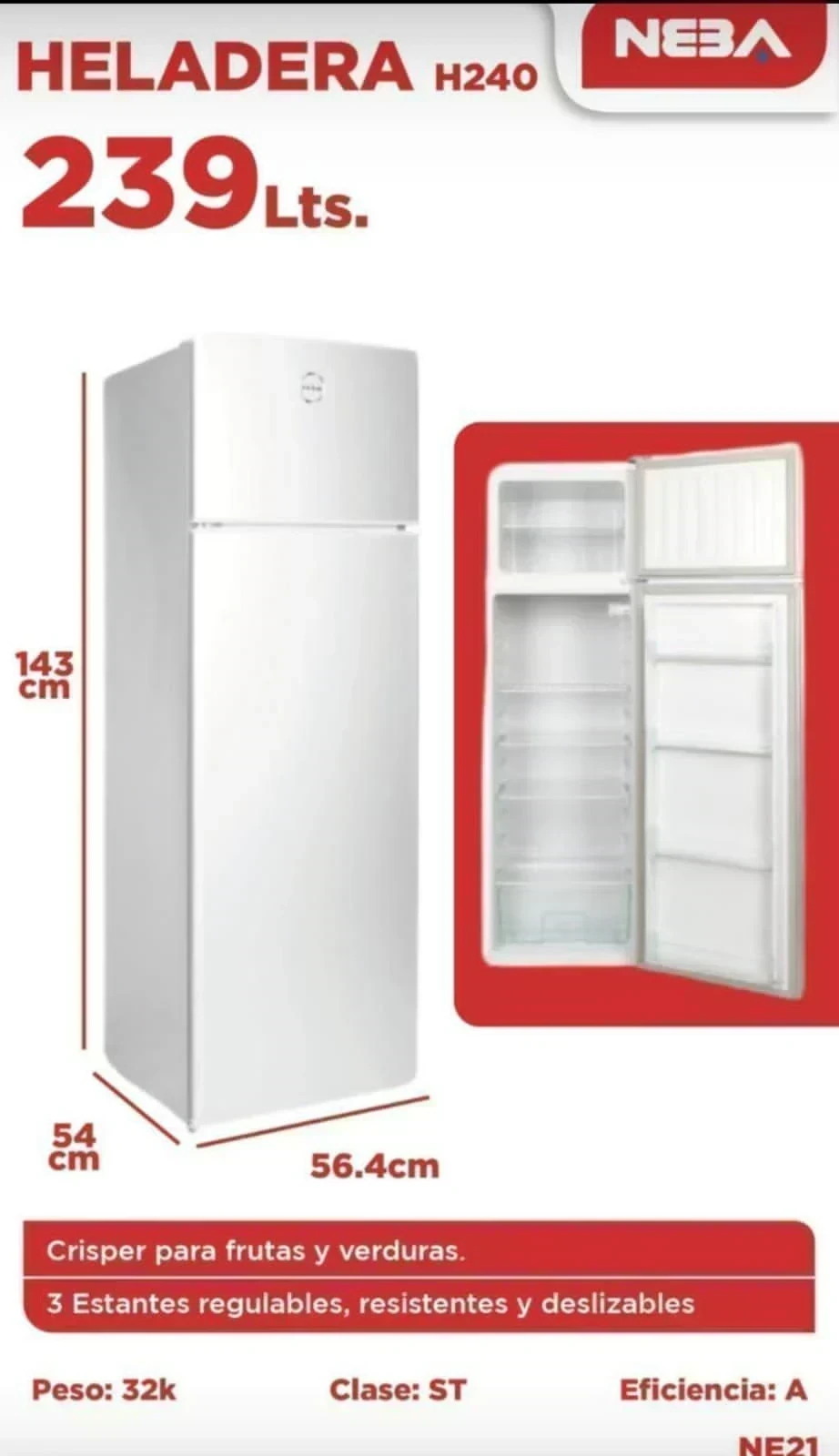 HELADERA NEBA 239LTS BLANCA