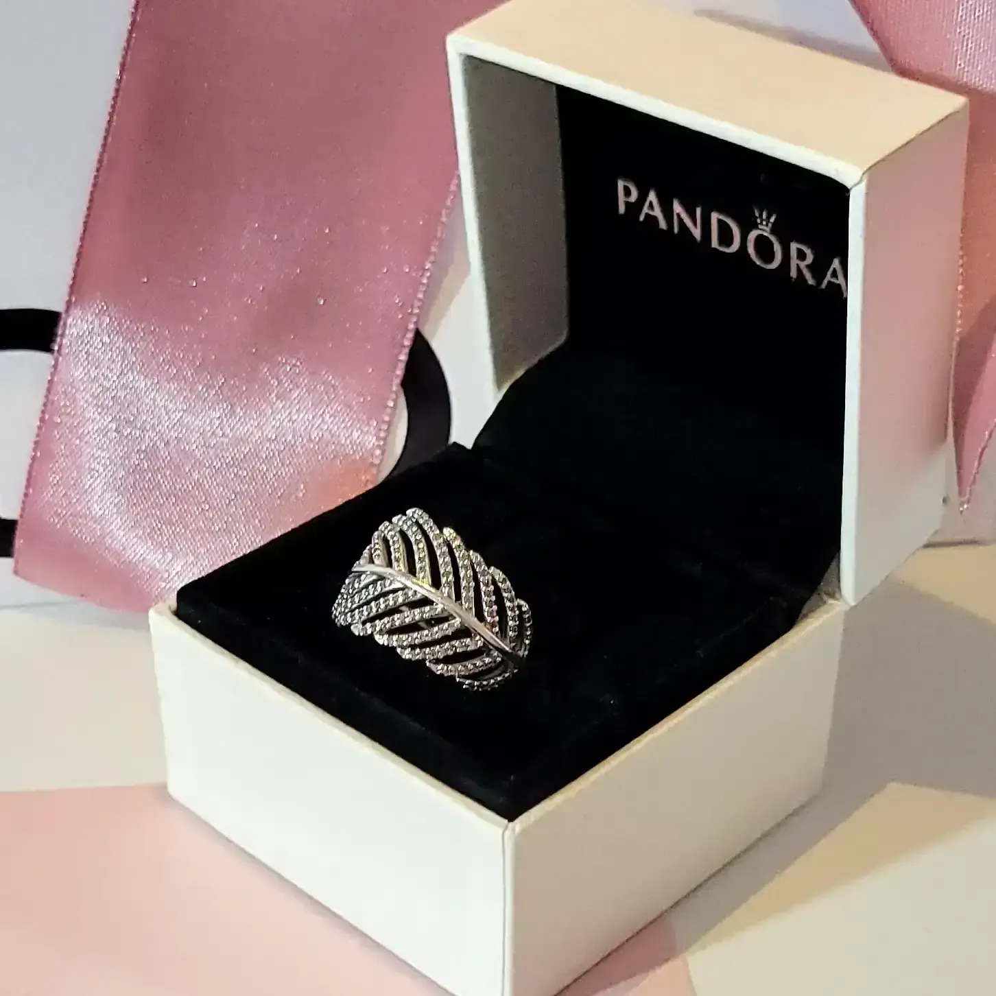 Pandora leaf sparkling silver ring  2