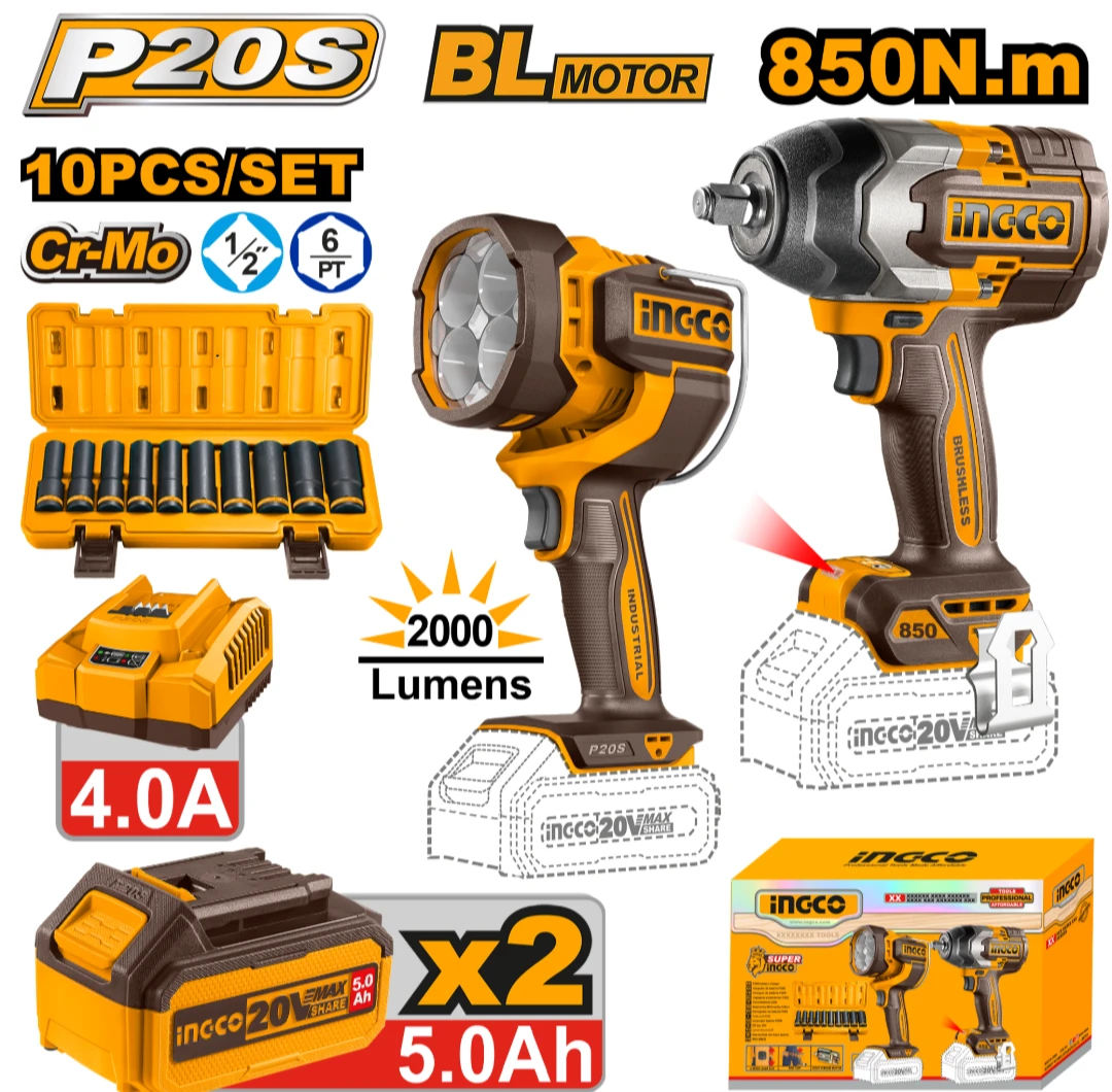 KIT COMBO A BATERIA P20S 20V C/LLAVE DE IMPACTO + LINTERNA C/2 BATERIAS, CARGADOR + SET 10 DADOS 1/2" INGCO COSLI241181