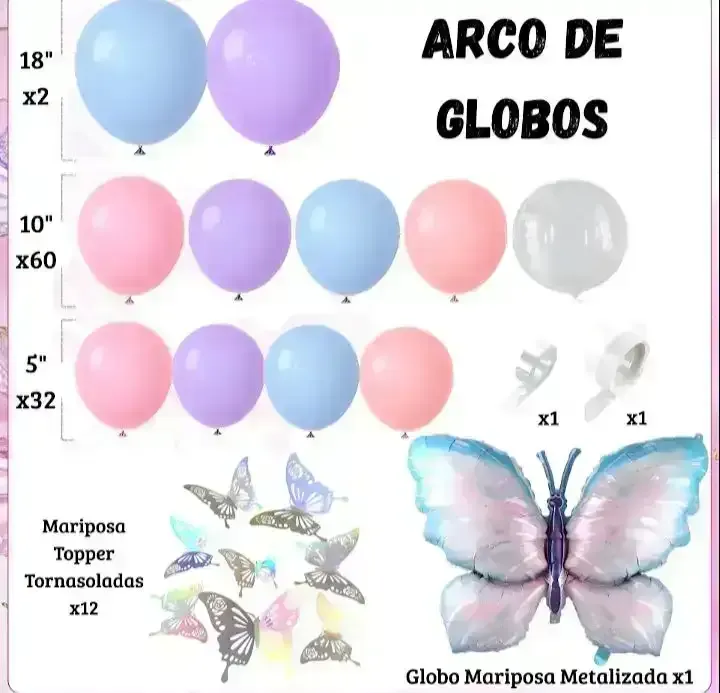 Set globo pastel mariposa 100 pcs lila/rosa/celeste  2
