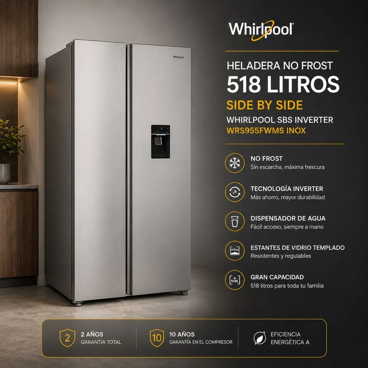 HELADERA NO FROST 518 LITROS SIDE BY SIDE WHIRLPOOL SBS INVERTER WRS955FWMS INOX ‼️SOLO POR PEDIDOS‼️