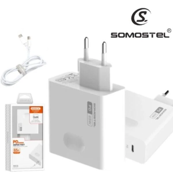 Cargador De Pared SOMOSTEL Puerto Tipo-C PD 65W + Cable Tipo C