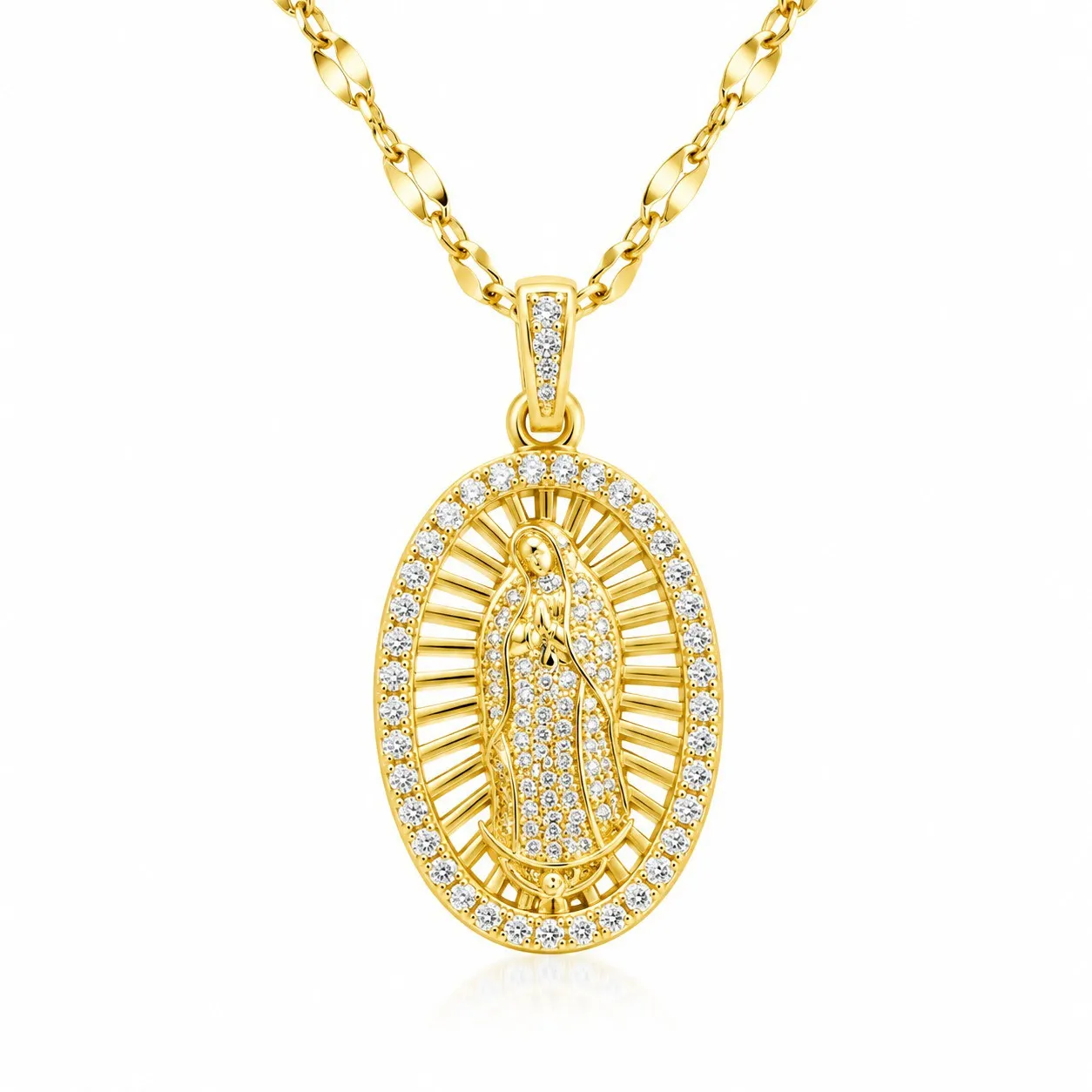 Cadena Y Dije En Acero Con Piedra Circon De Virgen De Guadalupe Blanca