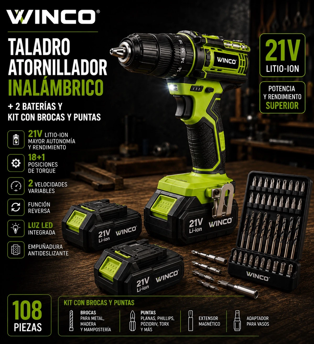 TALADRO ATORNILLADOR INALAMBRICO + 2 BATERIAS Y KIT CON BROCAS Y PUNTAS 