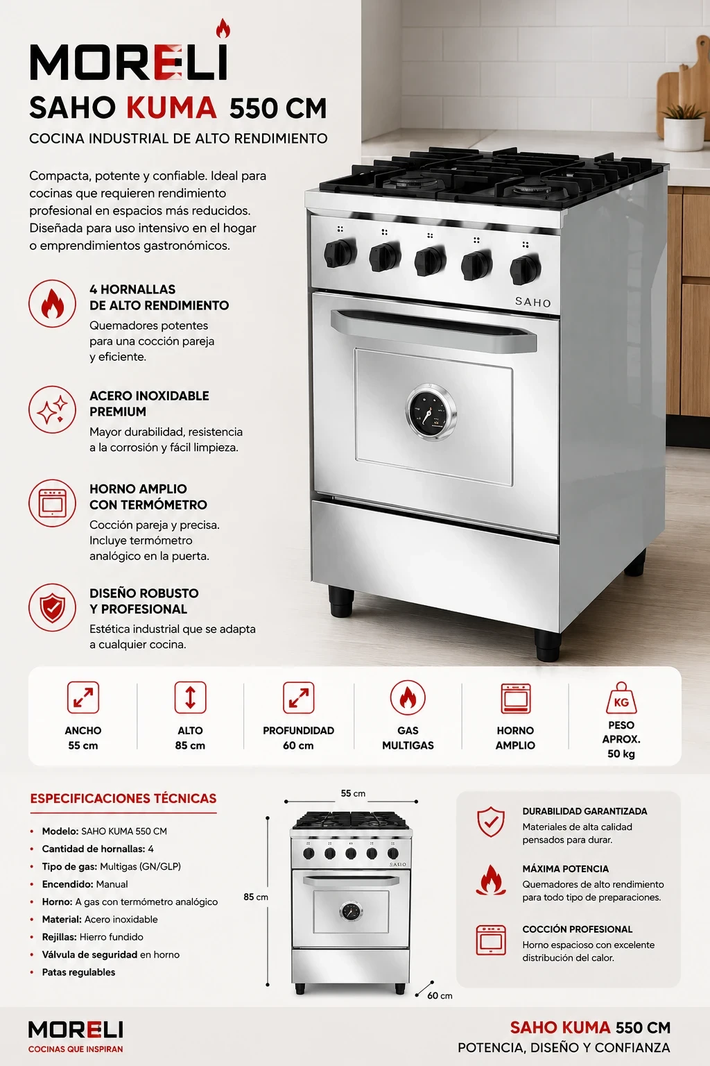 COCINA INDUSTRIAL SAHO KUMA 550 4 HORNALLAS PUERTA CIEGA