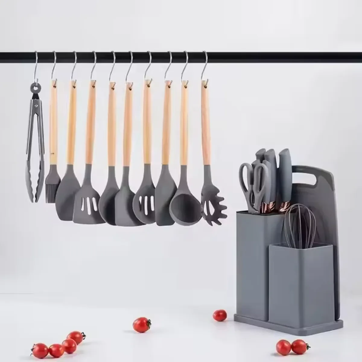 SET DE UTENSILIOS DE COCINA MANGO DE MADERA KIT X19 PIEZAS PUNTA DE SILICONA COLOR  GRIS