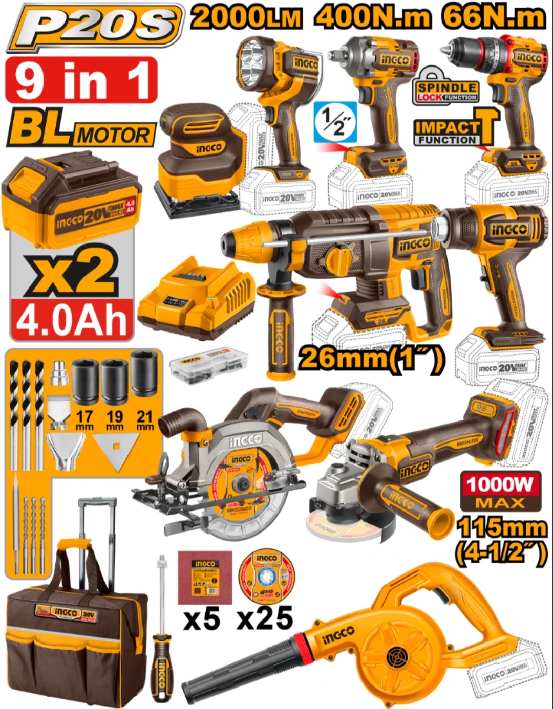 KIT COMBO INDUSTRIAL 9 HERRAMIENTAS A BATERIA P20S 20V BRUSHLESS + 2BAT, CARGADOR, ACCESORIOS Y VALIJA INGCO COSLI2503