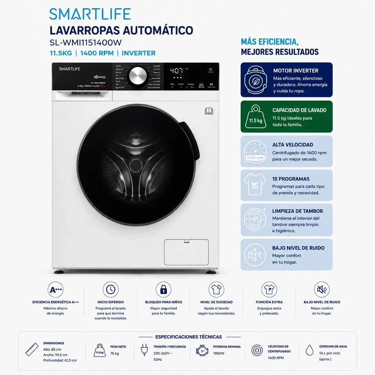 Lavarropas Smartlife SL-WM26I1151400W Inverter 11.5KG Blanco