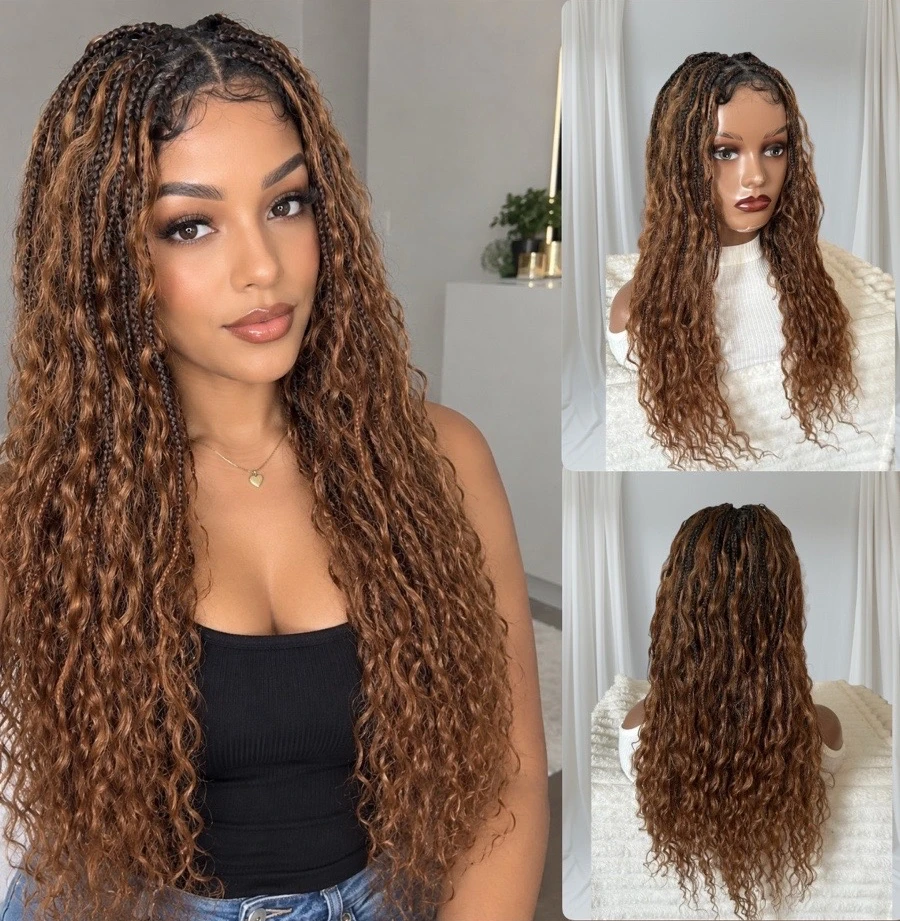 Peluca cabello humano  con trenzas sinteticas de 24 pulgadas, frontal lace 360 