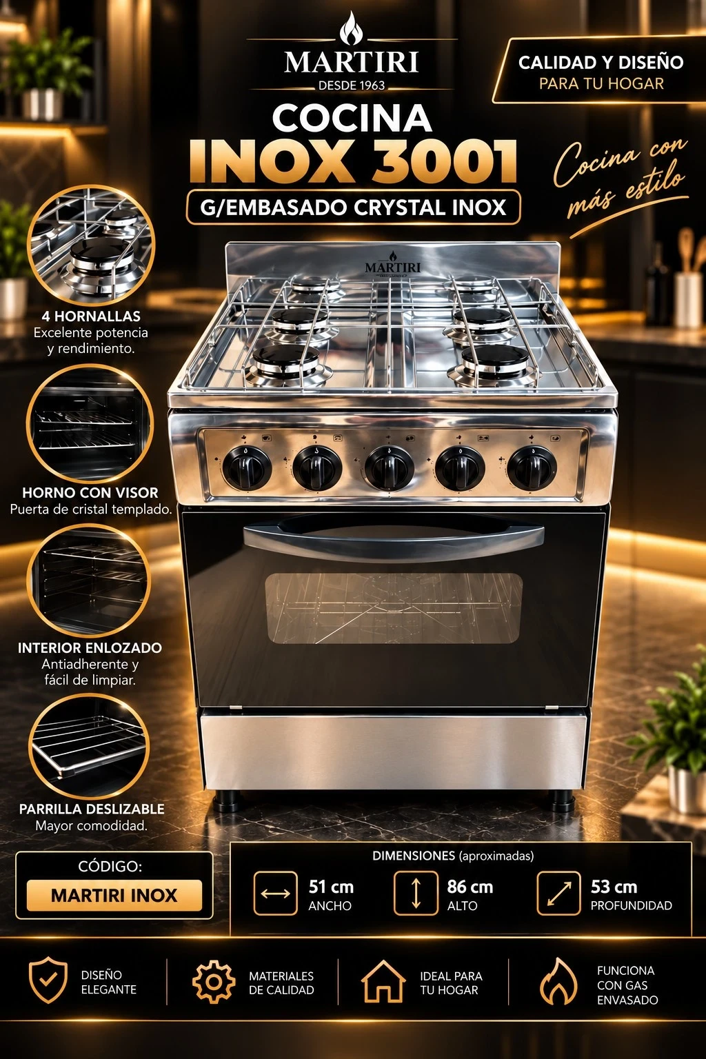 COCINA MARTIRI INOX CRYSTAL 4H *CONSULTAR DISPONIBILDAD CON EL VENDEDOR*