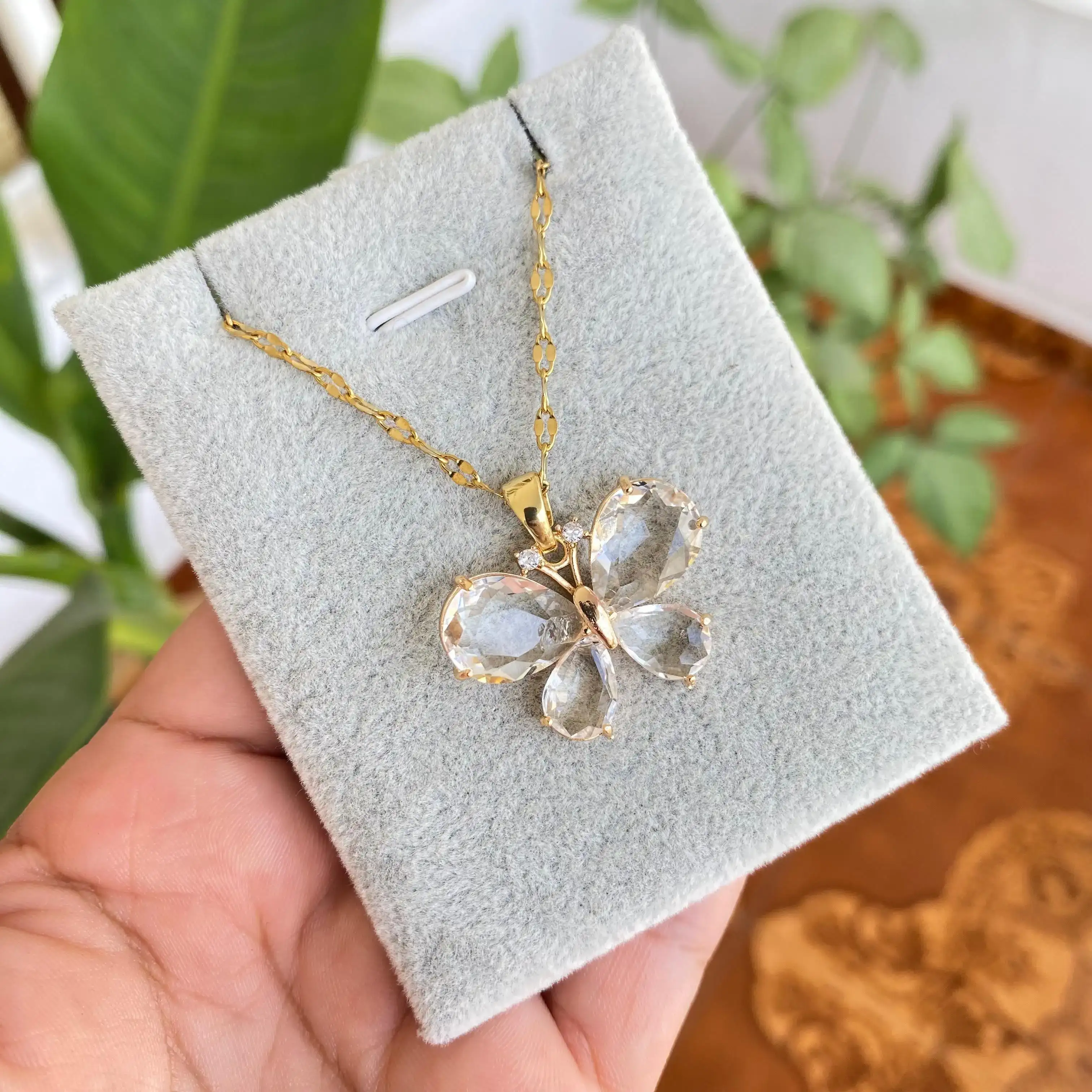Cadena Y Dije En Acero Con Piedra Circon De Mariposa Blanca Transparente 2