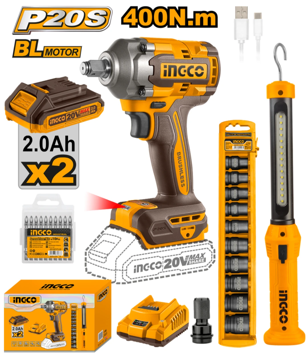 SUPER COMBO A BATERIA LLAVE DE IMPACTO 400NM 20V + LINTERNA RECARGABLE + DADOS IMPACTO COSLI23048