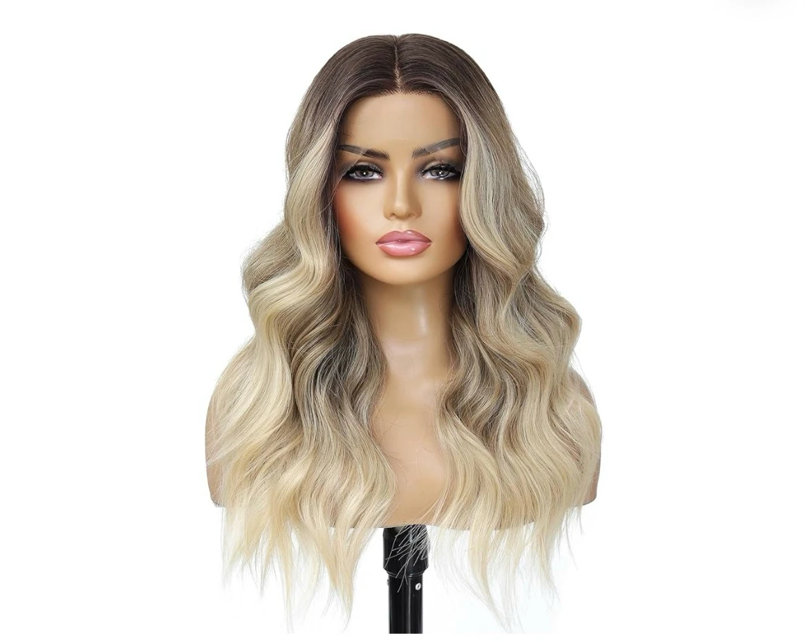 Peluca ondulada de color rubio degradado 613 para mujer, 20 pulgadas, parte media, encaje frontal, peluca HD de aspecto natural, fibra resistente al calor