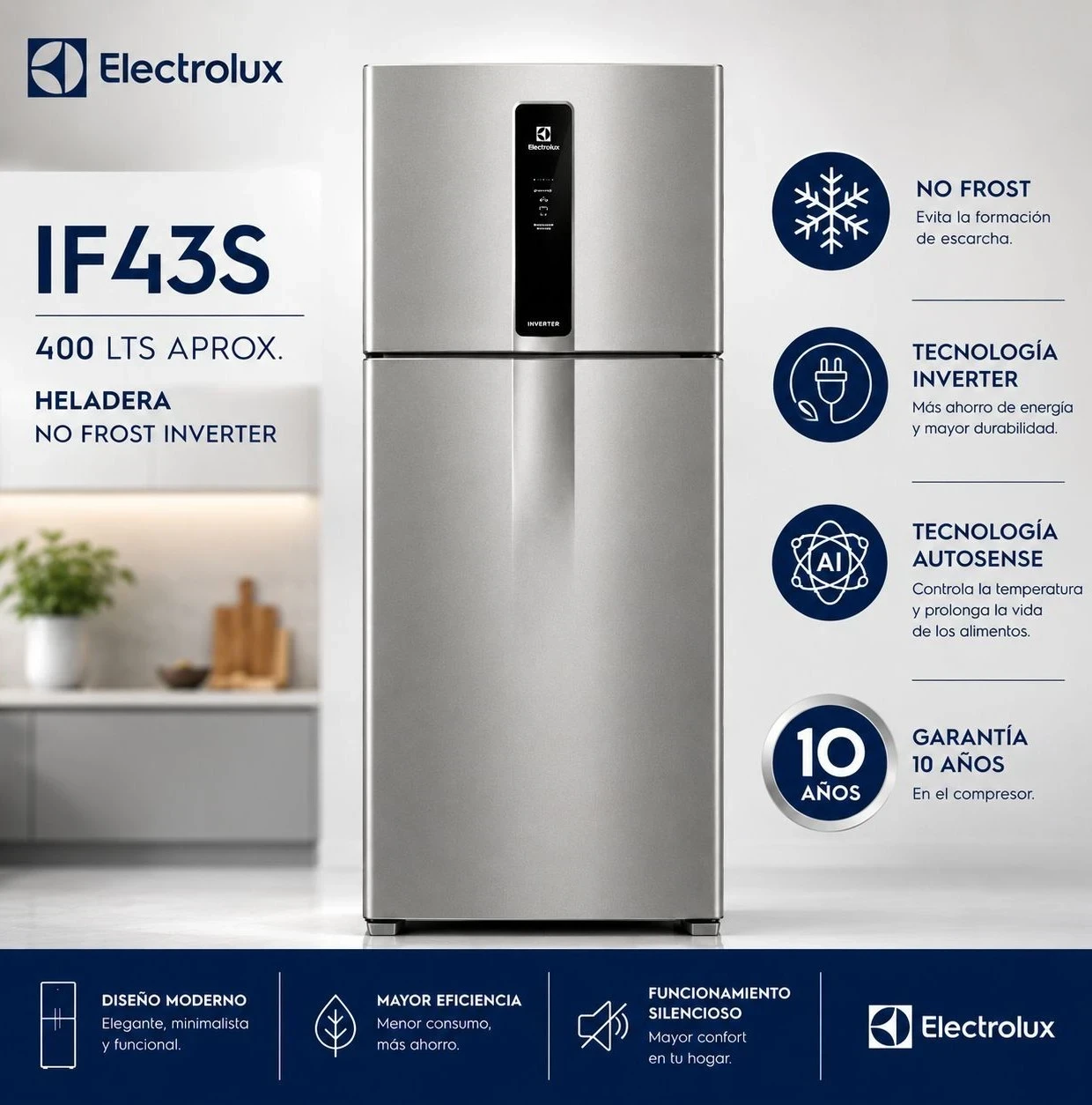 Heladera ELECTROLUX IF43S Top Freezer No Frost Inverter 408Lts Plata