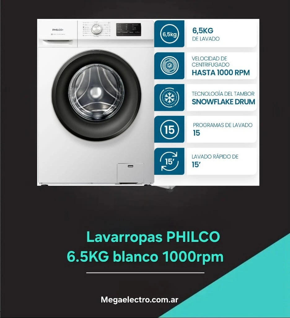 LAVARROPAS PHILCO 6,5KG 1000RPM BLANCO*