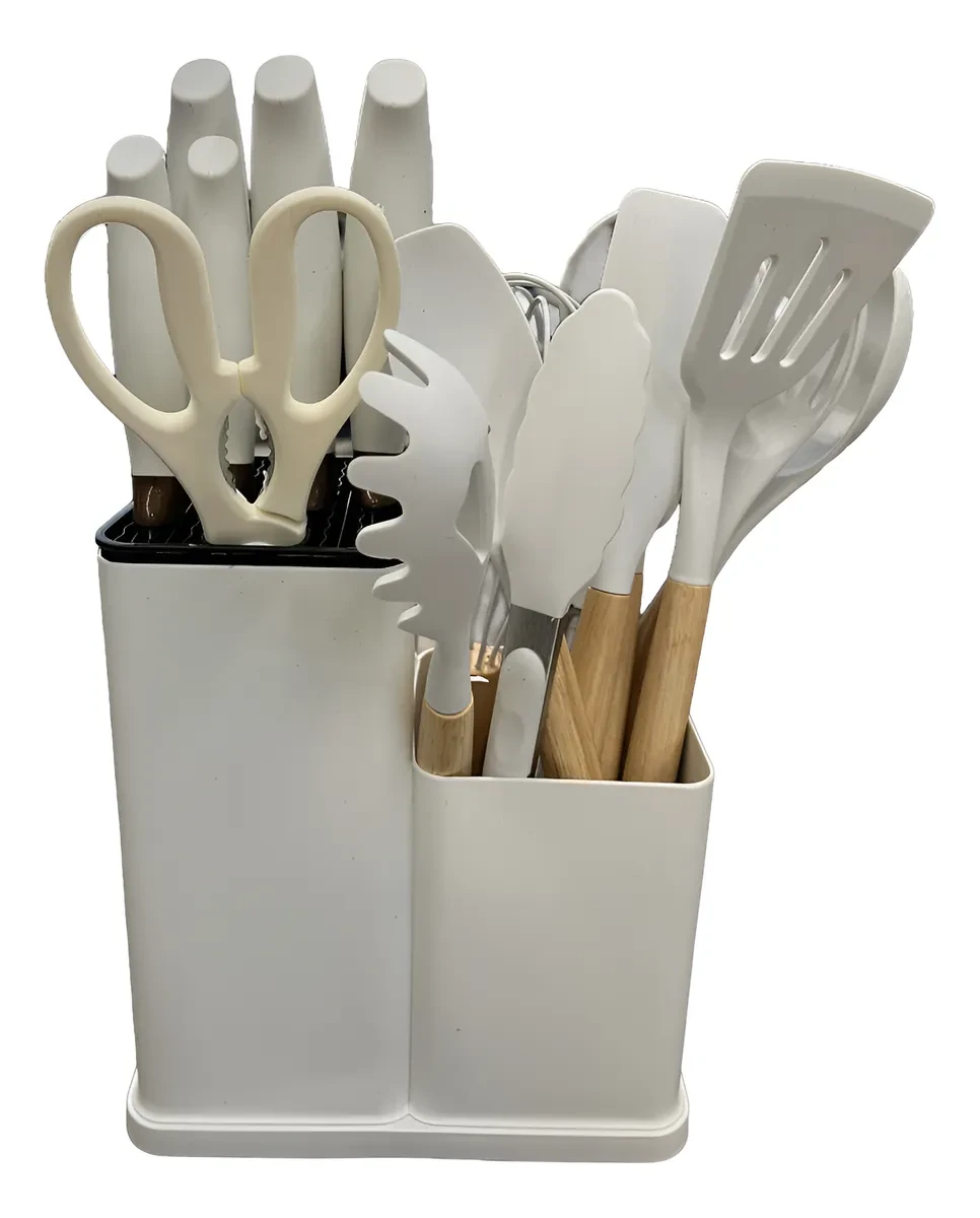 SET DE UNTENSILLOA DE COCINA MANDO DE MADERA KIT X19 PIEZAS PUNTA DE SILICONA COLOR BLANCO 3