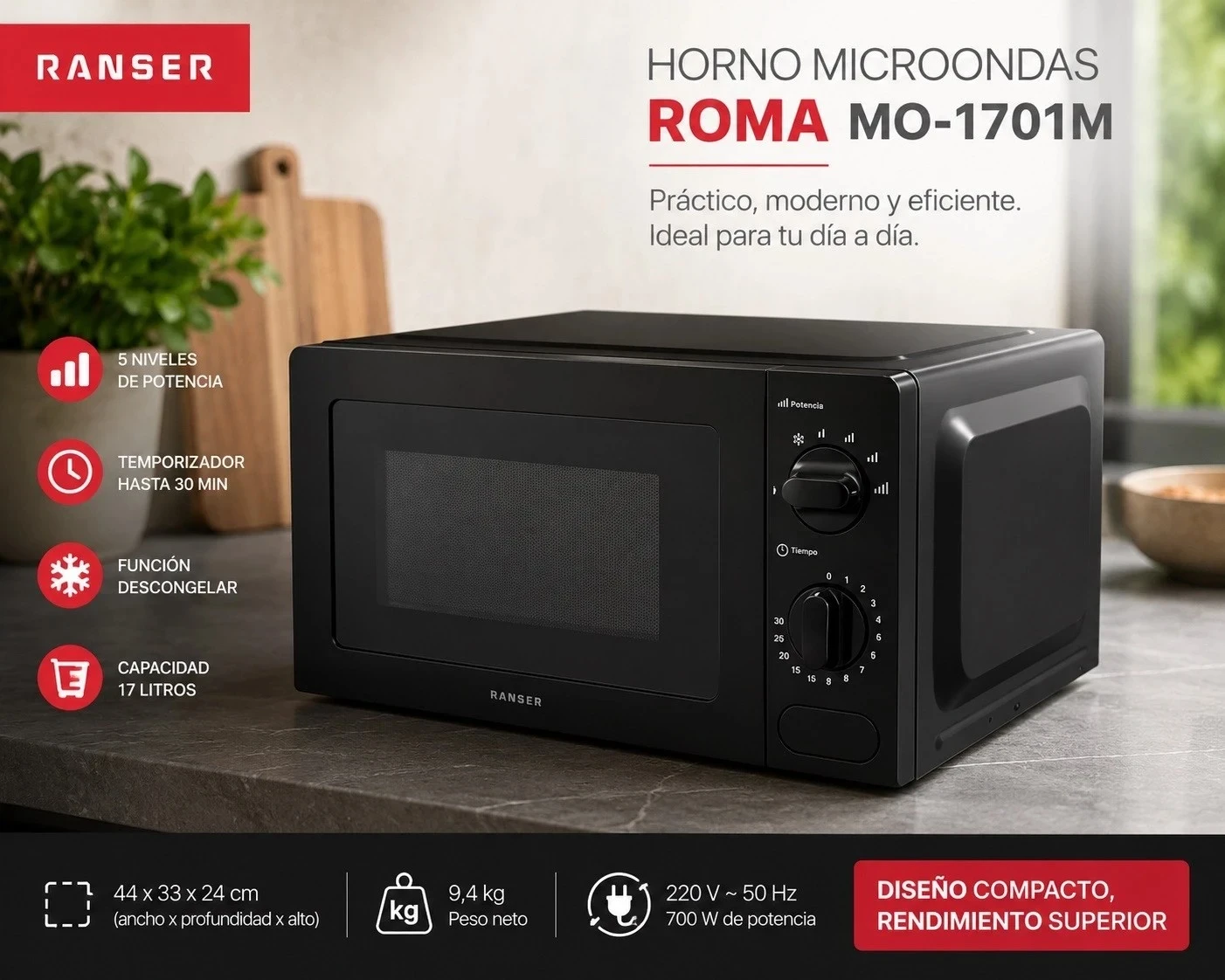 MICROONDAS MECANICO 20LTS NEGRO 700W Mo-1701MB