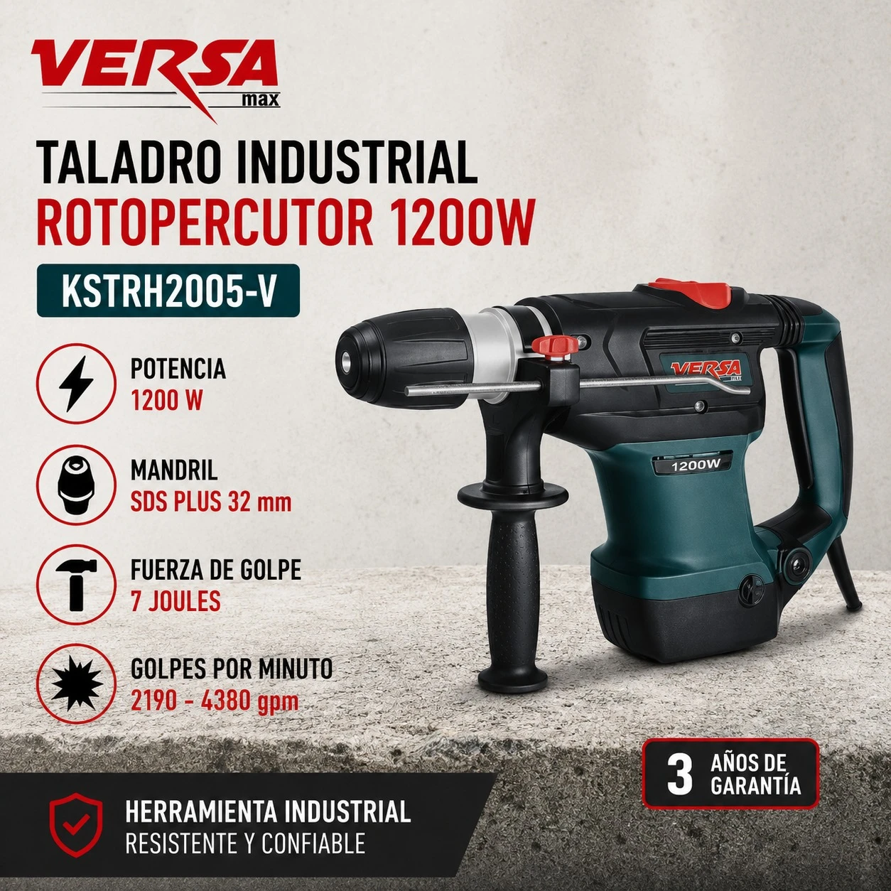 TALADRO INDUSTRIAL ROTOPERCUTOR 1200W VERSA KSTRH2005-V