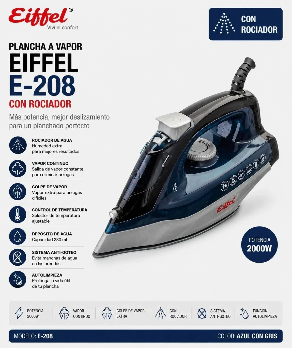 PLANCHA A VAPOR EIFFEL C/ROCIADOR 