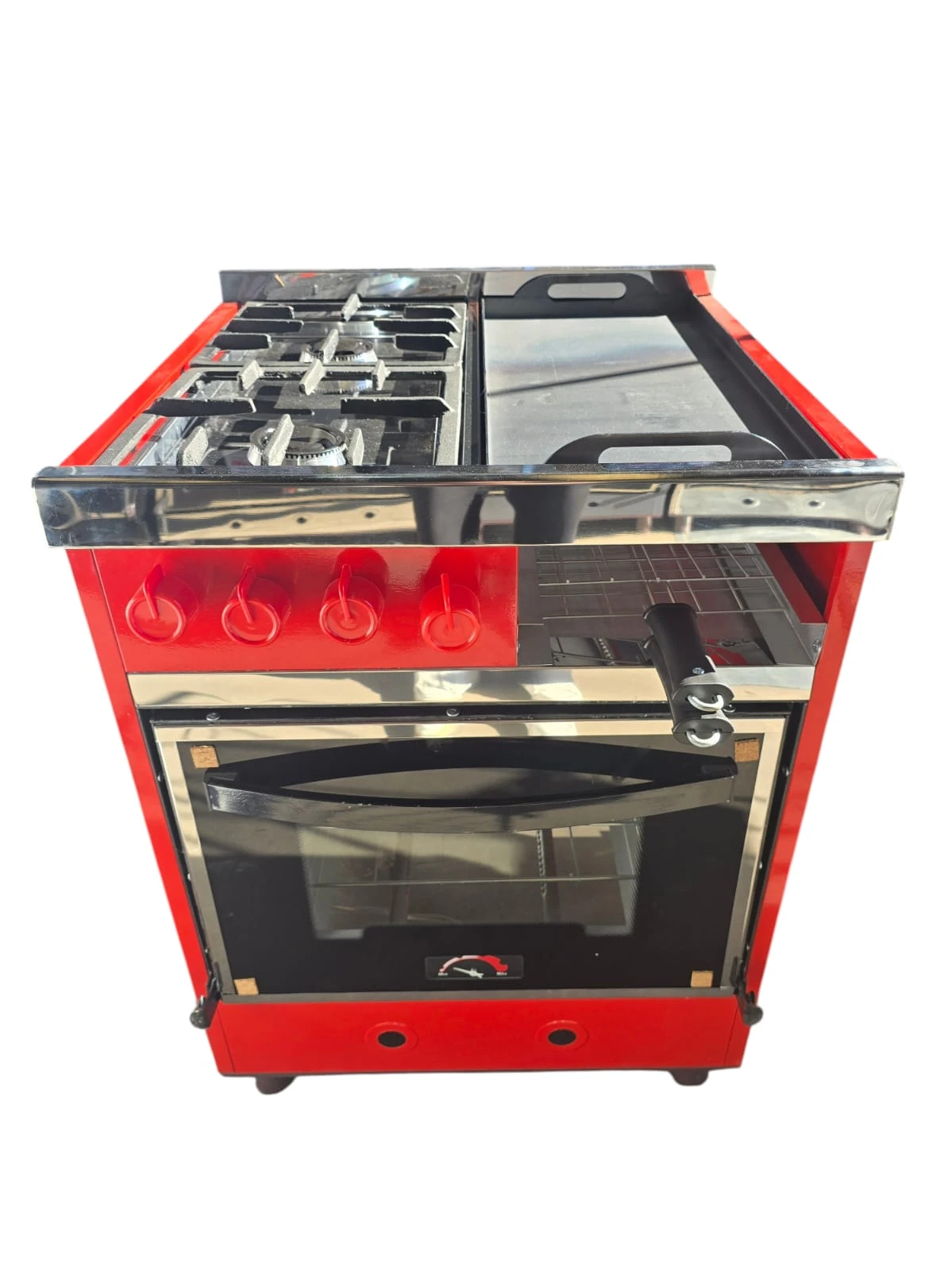COCINA INDUSTRIAL ROSARIO MULTI 2 HORNALLAS 55CM PLANCHETA Y CARLITERO TAPA DE VIDRIO COLOR ROJO