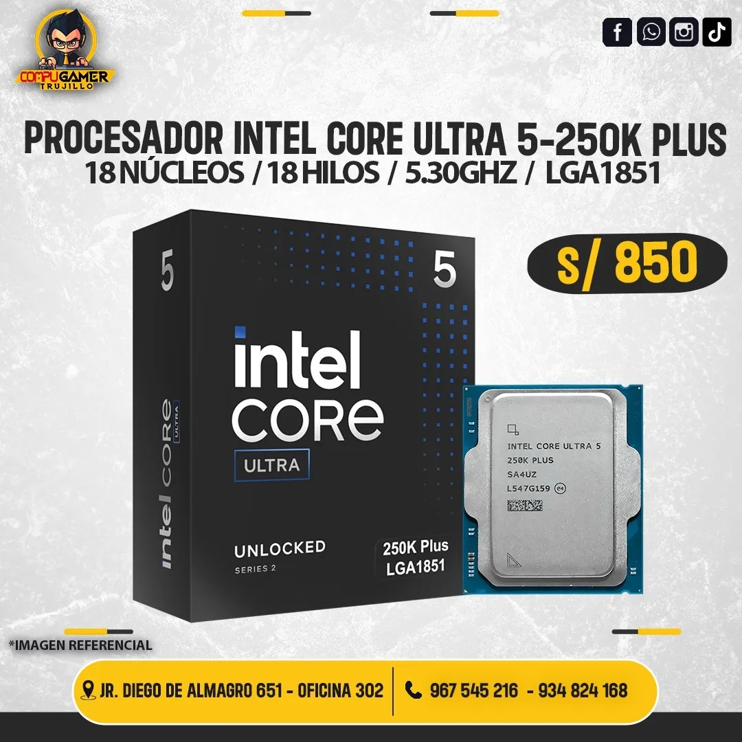 PROCESADOR INTEL CORE ULTRA 5 250K PLUS, 18 NÚCLEOS, 18 HILOS, 5.30GHZ, LGA1851 