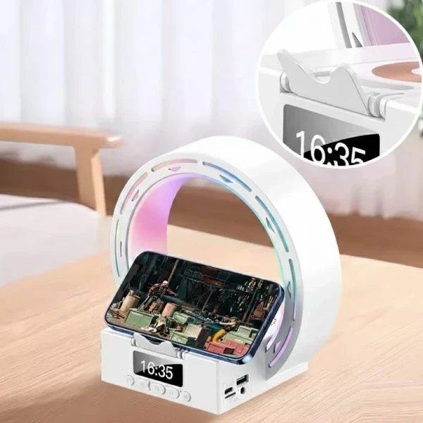 Parlante Bluetooth / Lampara Luz Led  / Reloj Con Alarma Despertador / Carga Inalámbrica QI 15W 2