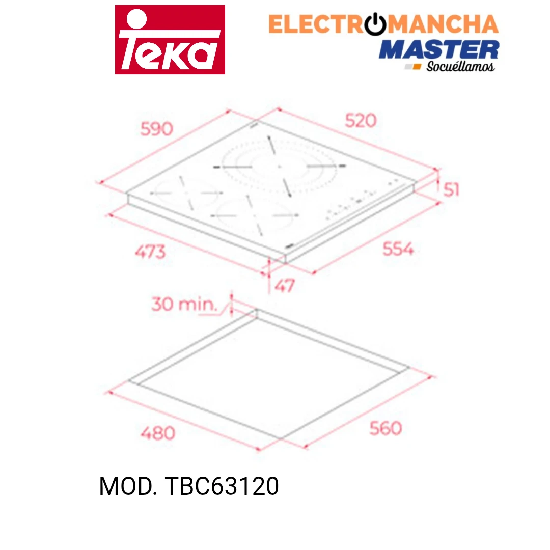 PLACA VITROCERÁMICA TEKA TBC63120  3 FUEGOS  ZONA 29 CM. 2