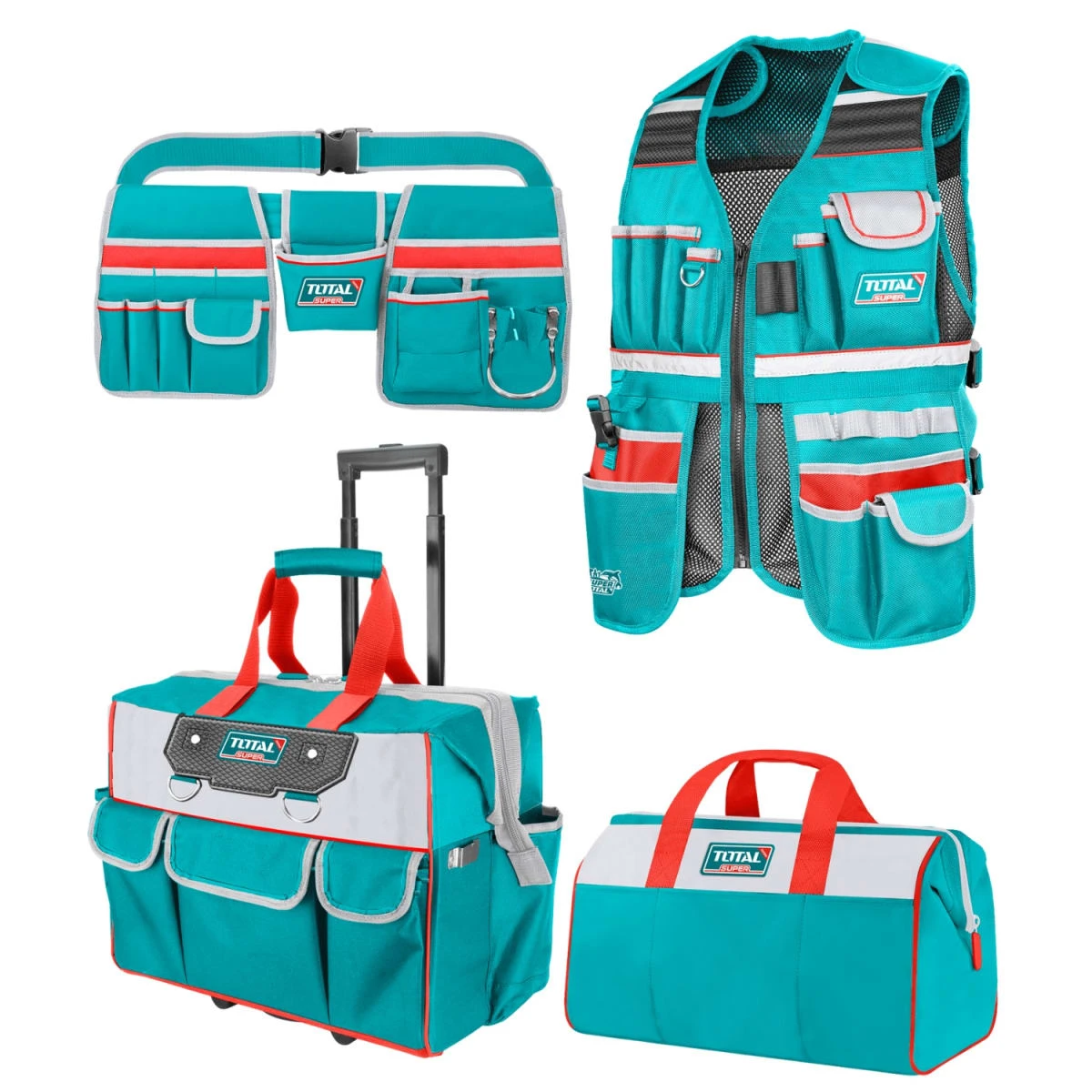 Kit 4 porta herramientas chaleco + maletin + bolso + cinturón total 2
