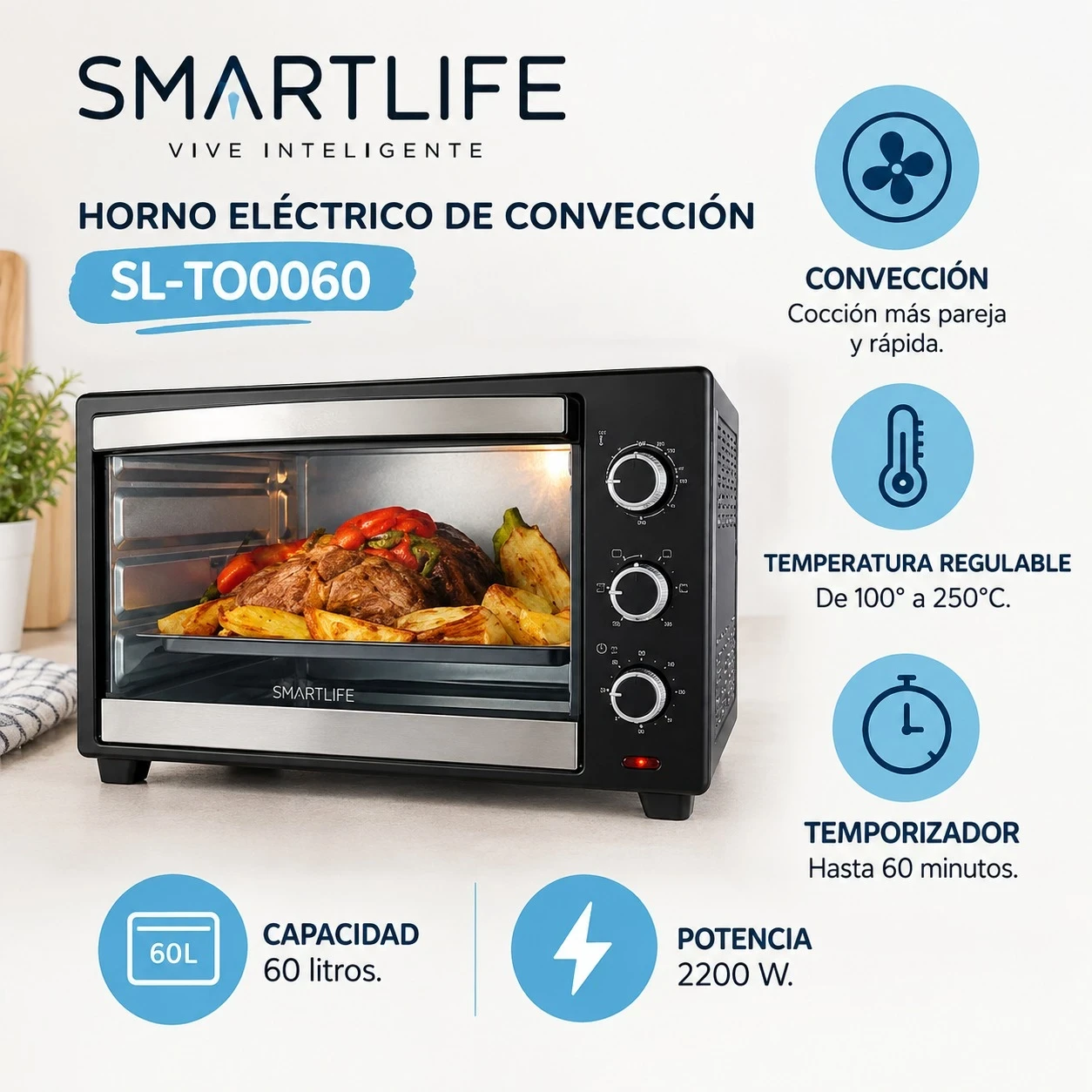 HORNO ELÉCTRICO DE CONVECCIÓN 60 LT SMARTLIFE SL-TO0060