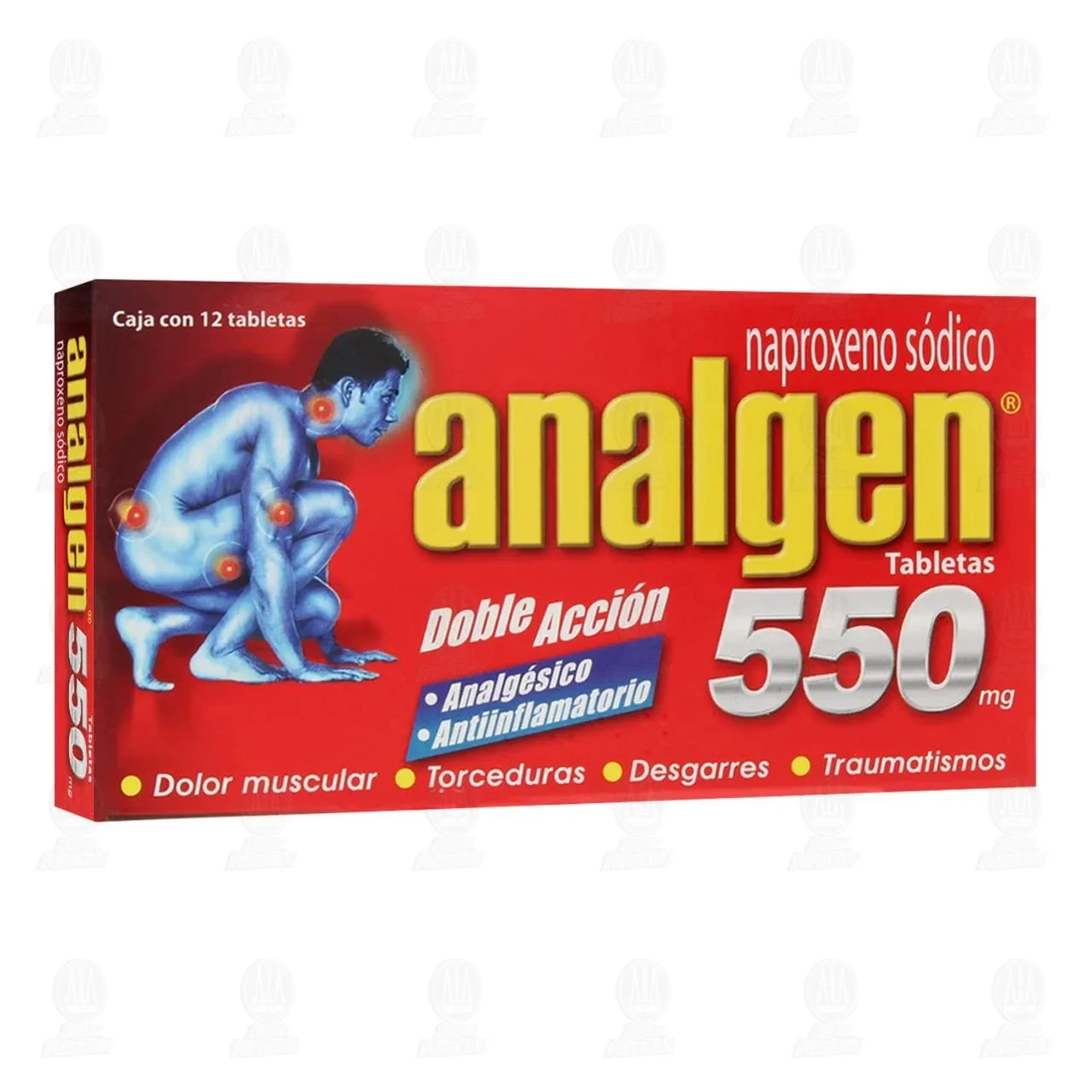 Analgen 550 mg, 12 Tabletas.  />addToShoppingListBtn Analgen 550 mg desinflama y alivia el dolor muscular de moderado a intenso, ocasionado por golpes torceduras, malas posturas, máxima potencia analgésica, 12 Tabletas (Naproxeno Sódico) 