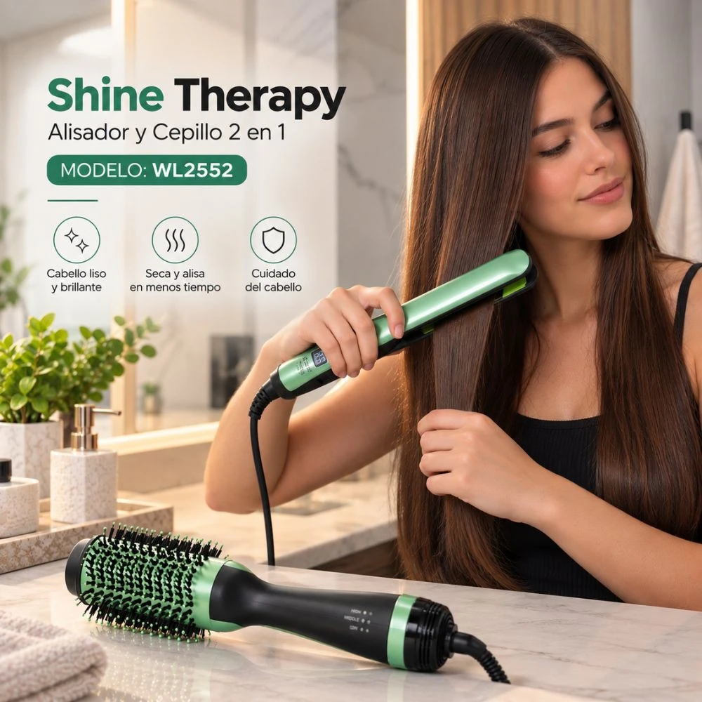 Kit 2 en 1 Shine Therapy WL2552 🥑💚: Cepillo Secador + Plancha Alisadora.