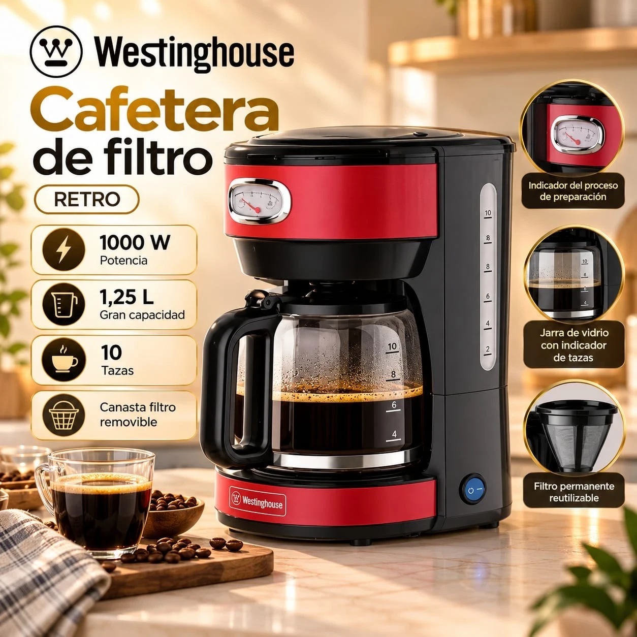 CAFETERA WESTINGHOUSE RETRO ROJA *CONSULTAR DISPONIBILIDAD CON EL VENDEDOR*