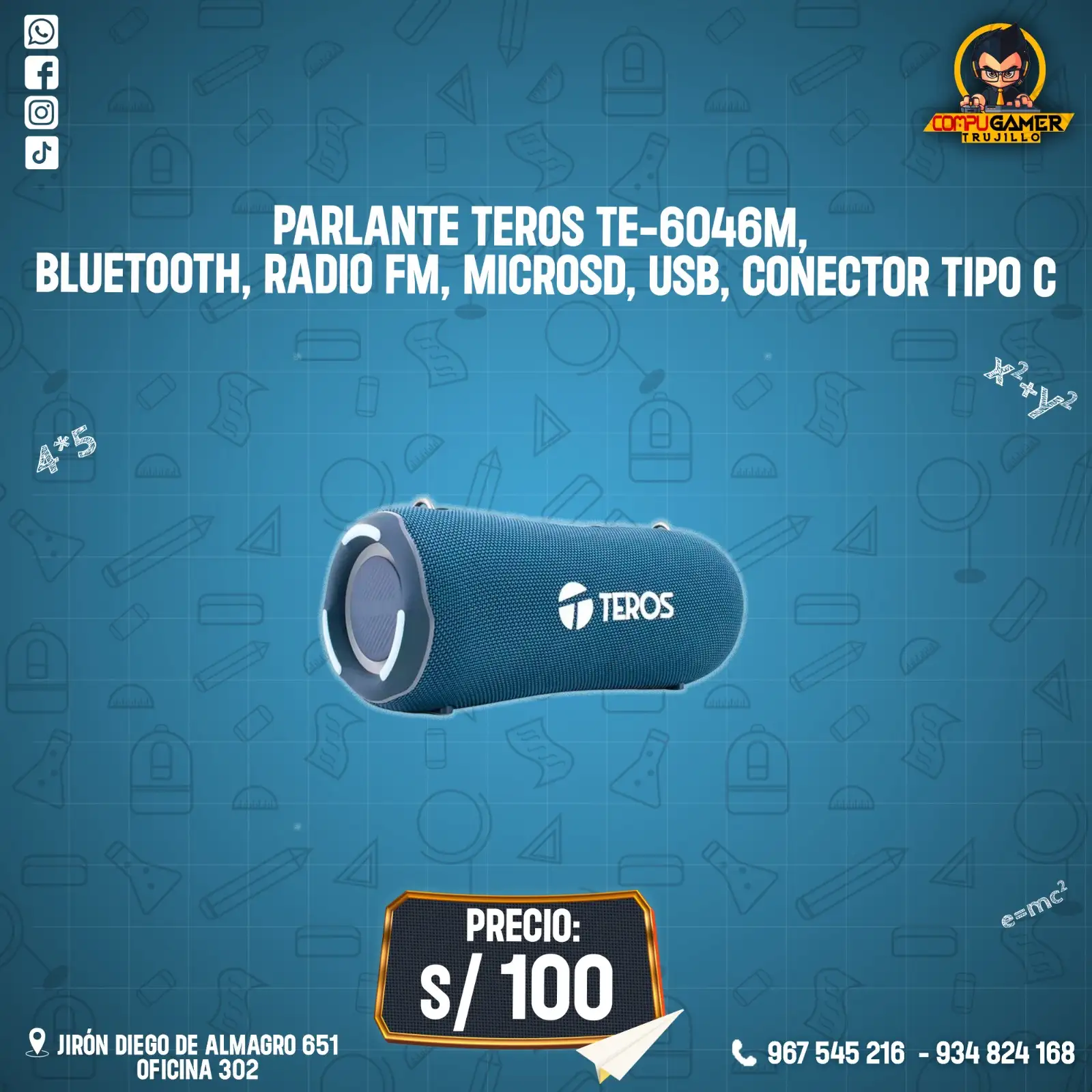 PARLANTE TEROS TE-6046M, BLUETOOTH, RADIO FM, MICRO SD, USB, CONECTOR TIPO C
