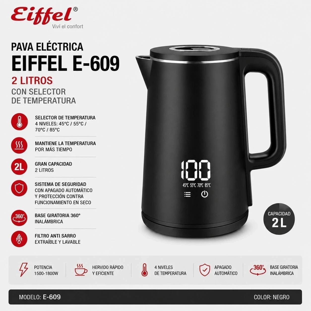 PAVA ELÉCTRICA EIFFEL DIGITAL C/SELECTOR DE TEMPERATURA 2LTS*