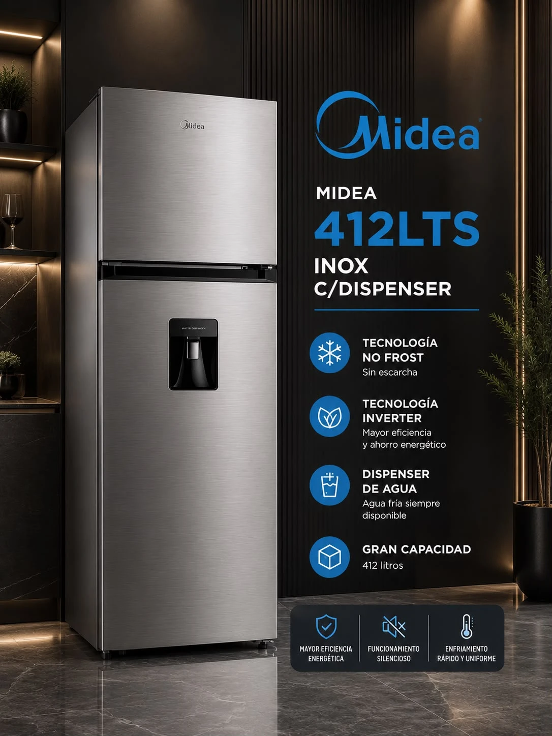 HELADERA NO FROST INVERTER 412LTS MIDEA CON DISPENSER INOX ‼️SOLO POR PEDIDOS ‼️ 