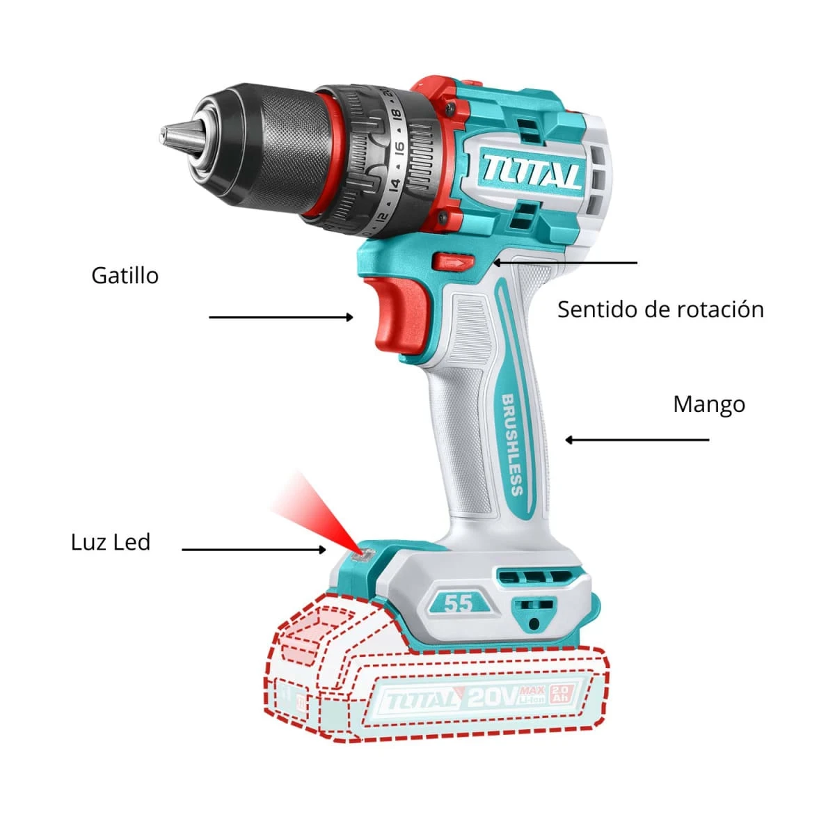 TIDLI20558 Taladro percutor 55nm + 2 baterías y cargador total 3