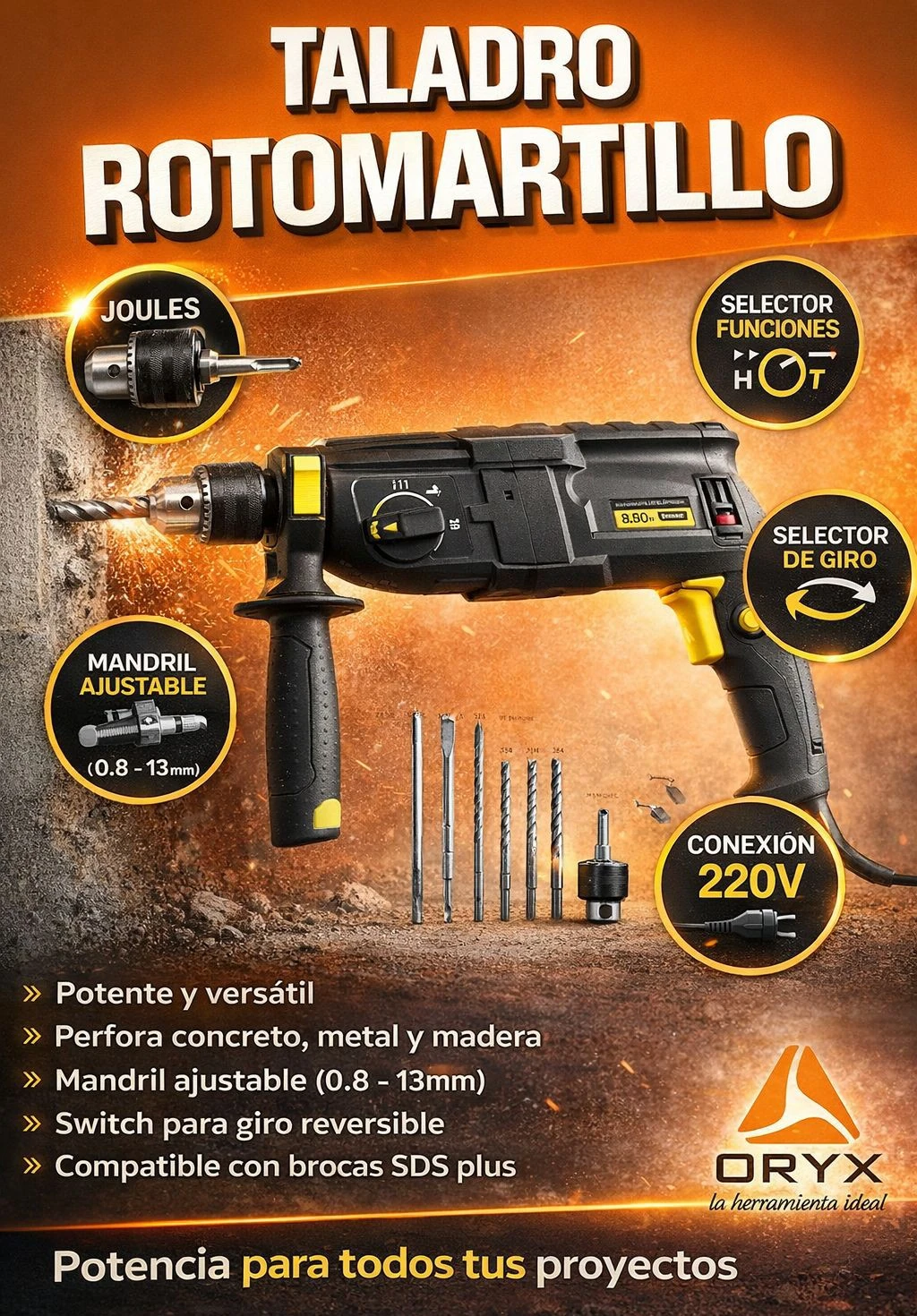 Rotomartillo Eléctrico Con Mechas Oryx OR-502