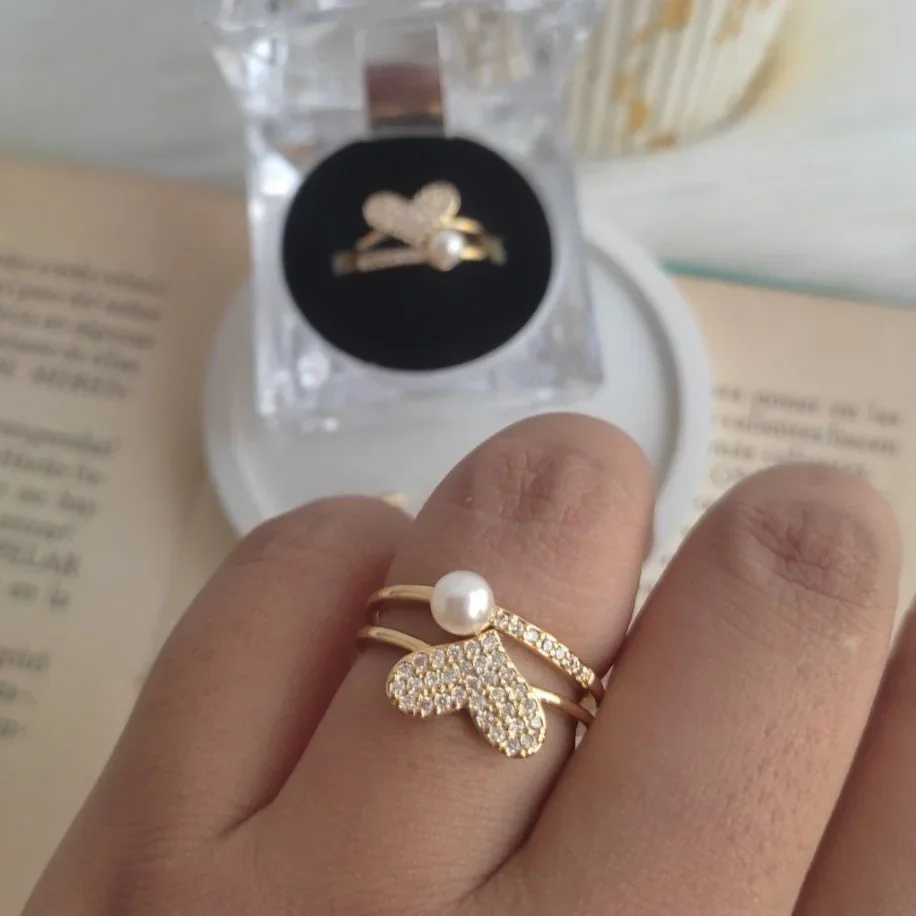Anillo ajustable corazón y perla 