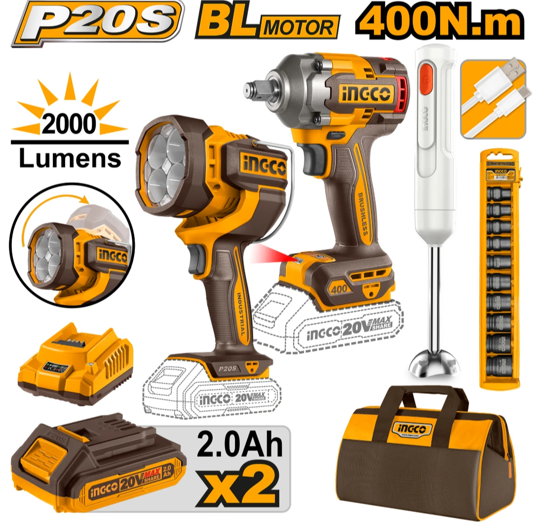 SET LLAVE DE IMPACTO 400NM 20V BATERIA P20S + LINTERNA 2000LM + MIXER C BAT Y BOLSO INGCO COSLI240961