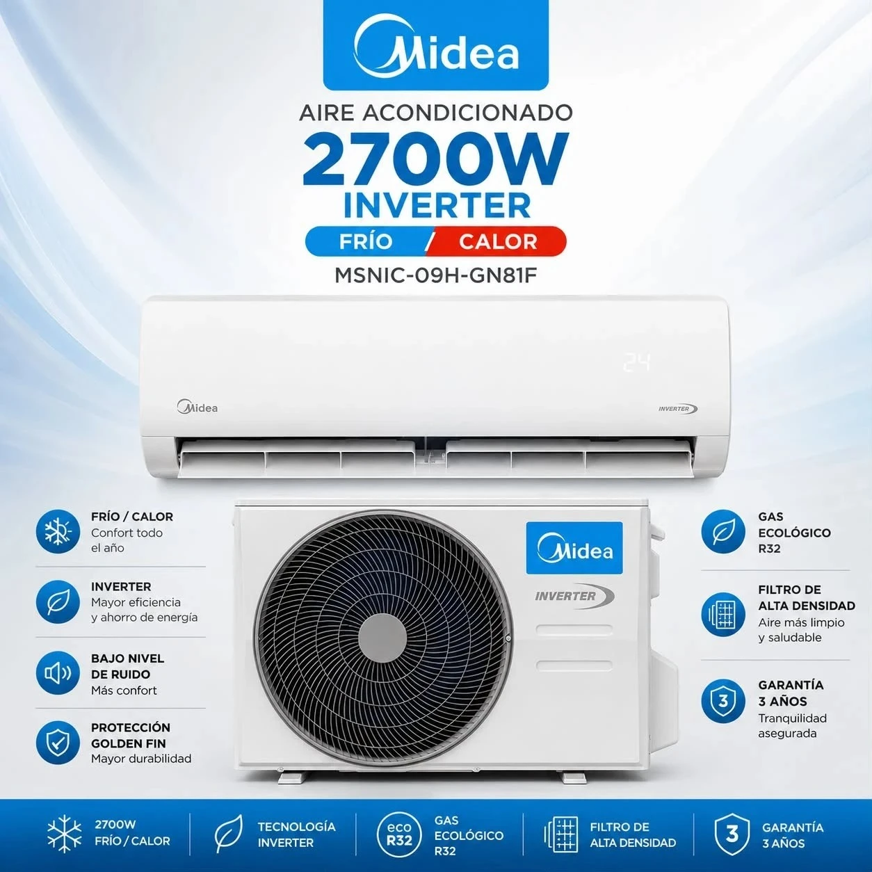  AIRE ACONDICIONADO MIDEA 2700W INVERTER FRIO/CALOR msnic-09h-gn81f